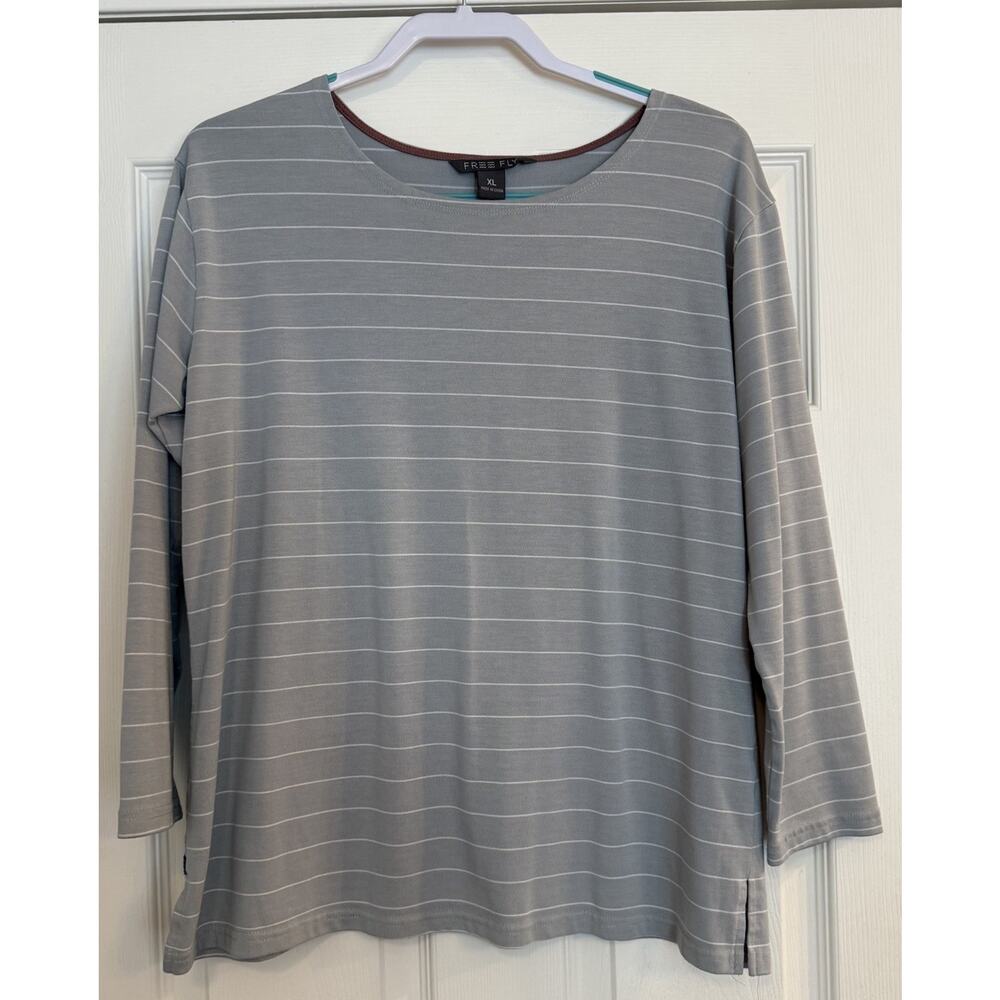 FREE FLY Bamboo Top Women Sz XL Pullover Shirt Blue Gray Striped Casual Stretch
